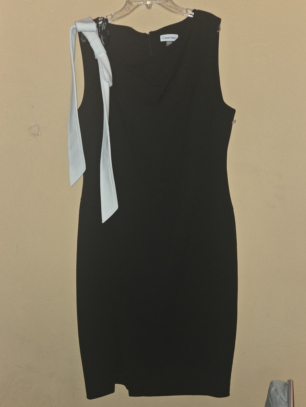 Calvin Klein Black Midi Sheath Dress with White Shoulder Tie